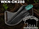 Teal marbled knife partly visible in a black leather sheath on a log, with WKN Hunting Gear branding.