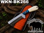 Fixed-blade knife with hammered blade on an orange leather sheath; blue/white handle, 'WKN-BK266' text visible, with wknhuntinggear logo and contact info.