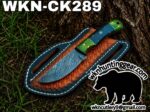 Custom hunting knife with blue damascus blade and green handle on a brown leather sheath, outdoors by a tree; watermark includes wknhuntinggear.com.