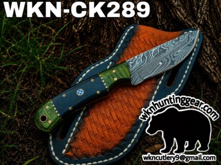 Damascus steel knife labeled WKN-CK289 with a green/blue handle on a brown tooled leather sheath, outdoors; watermark logo and email visible.