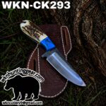 Fixed-blade knife with bone handle and blue guard resting on a tooled leather sheath beside a tree; outdoor hunting gear watermark and bear graphic.