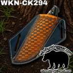 Leather knife sheath with orange woven panel on blue background, product code WKN-CK294, shown on soil with watermark.