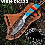 Handmade Cowboy Knife | Damascus Blade | Custom Leather Sheath.