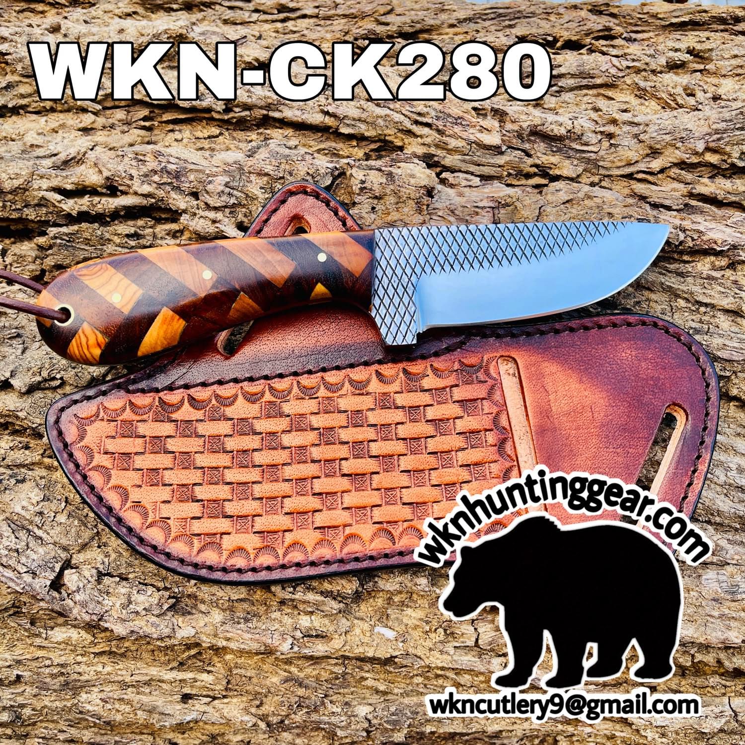 Knife with a checkered wood handle resting on a brown leather sheath on a rocky background; label reads WKN-CK280 at top.