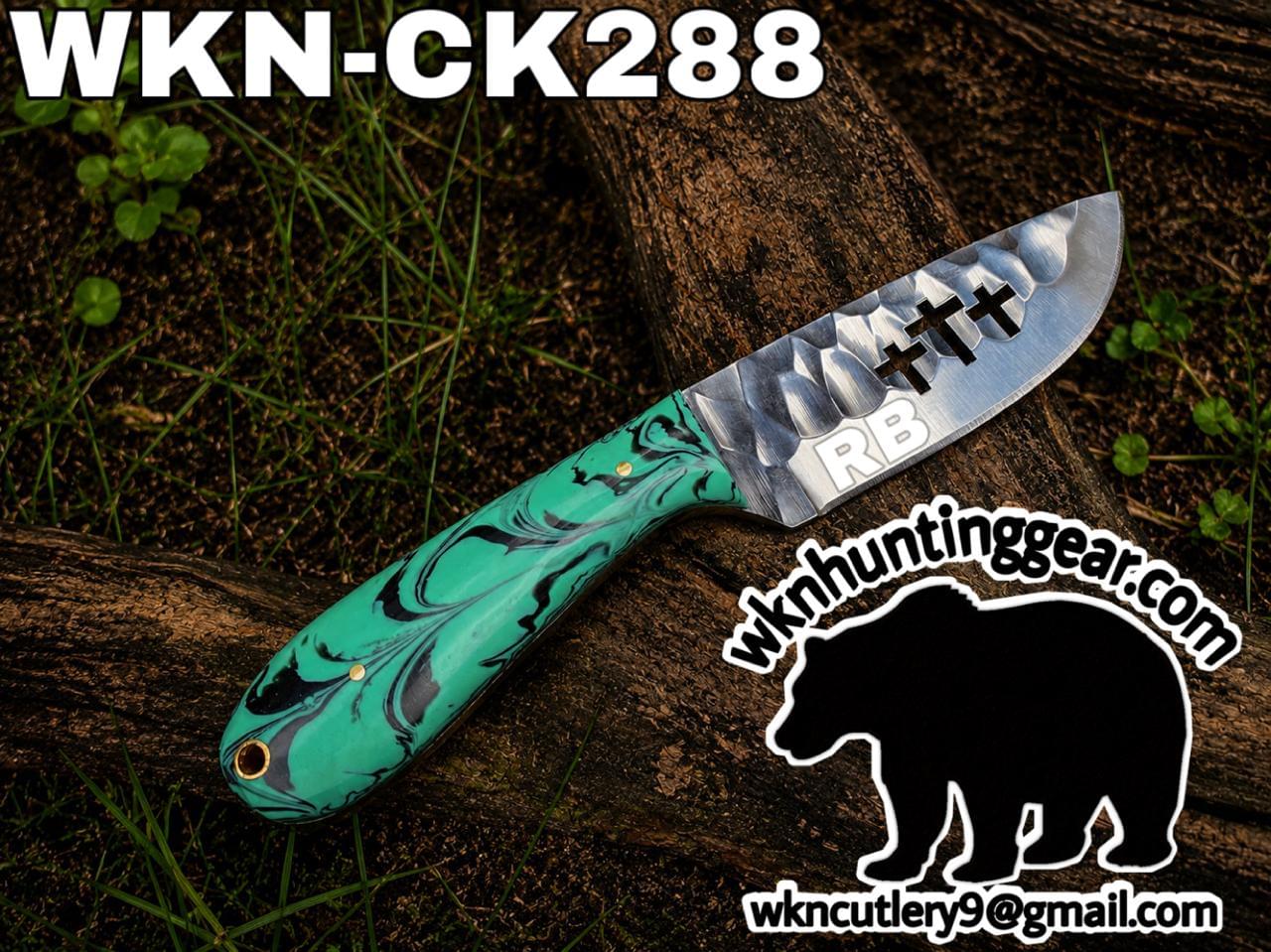 Teal marbled-handled fixed-blade knife resting on a log, blade with a metallic pattern; top text reads WKN-CKK288, plus a black bear silhouette and the watermark wkncutlery@gmail.com with wknhuntinggear.com