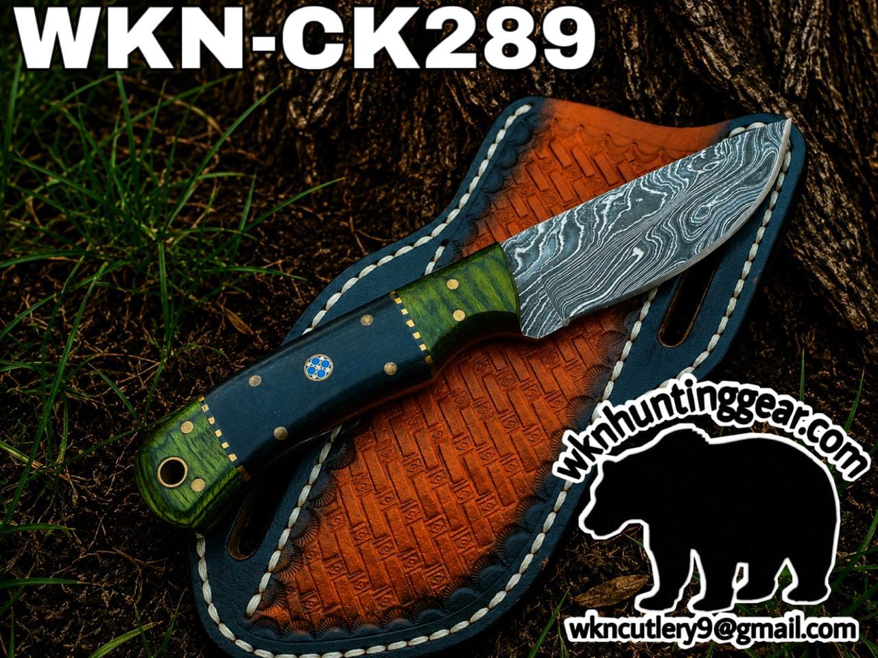 Damascus steel knife labeled WKN-CK289 with a green/blue handle on a brown tooled leather sheath, outdoors; watermark logo and email visible.