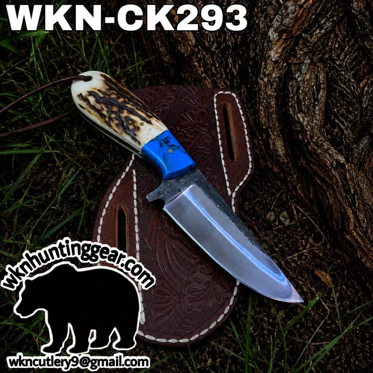 Fixed-blade knife with bone handle and blue guard resting on a tooled leather sheath beside a tree; outdoor hunting gear watermark and bear graphic.