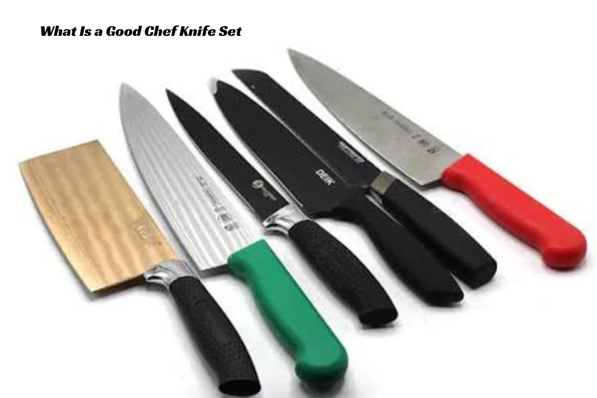 Assorted chef knives with black and colored handles (green, black, red) laid out on a white background, including a wooden-blade edge on the left, showing a knife set for cooking.