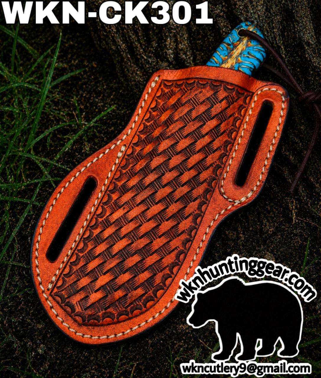 Orange woven leather hunting sheath with white stitching and two slot openings, labeled WKN-CK301 by WK Hunting Gear.