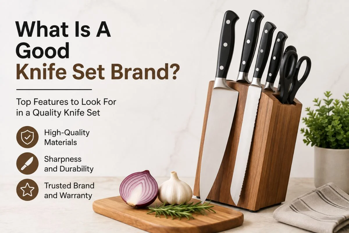 What Is A Good Knife Set Brand? Top Features to Look For in a Quality Knife Set. A knife block with five knives beside a cutting board with onion, garlic, and rosemary.